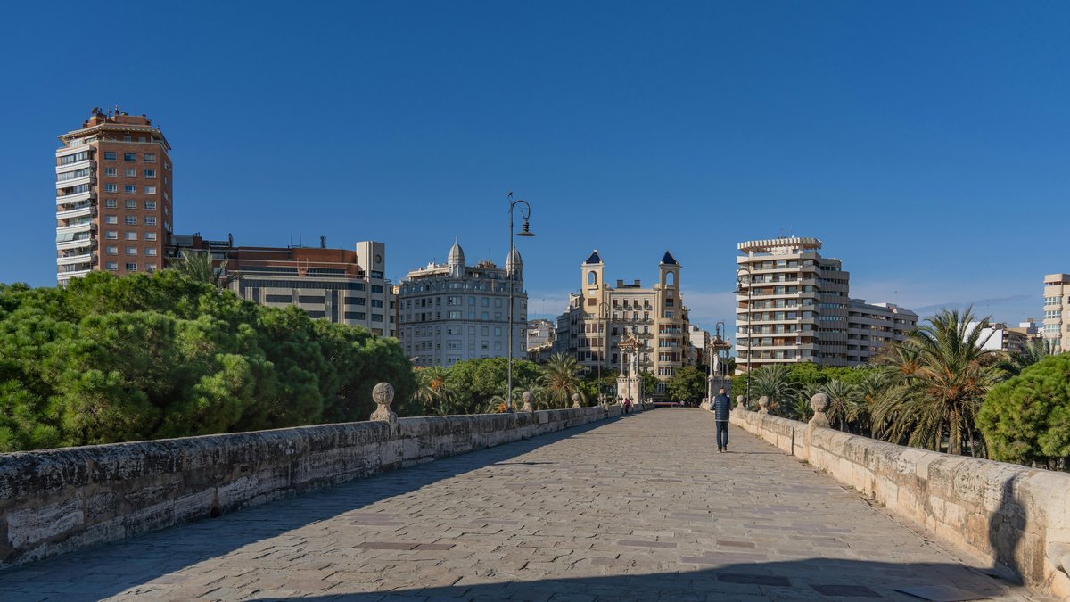 Vista panoramica di Valencia con i quartieri storici e il fiume Turia