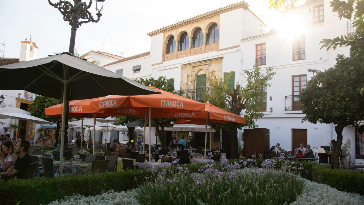 Vicoli bianchi del casco antiguo di Marbella con fiori colorati